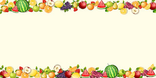 浅黄色卡通水果西瓜苹果草莓边框展板背景